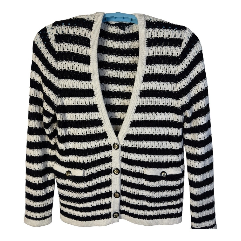 Halogen Cardigan Sweater Black White Striped Knit Button Front Pockets‎ Medium